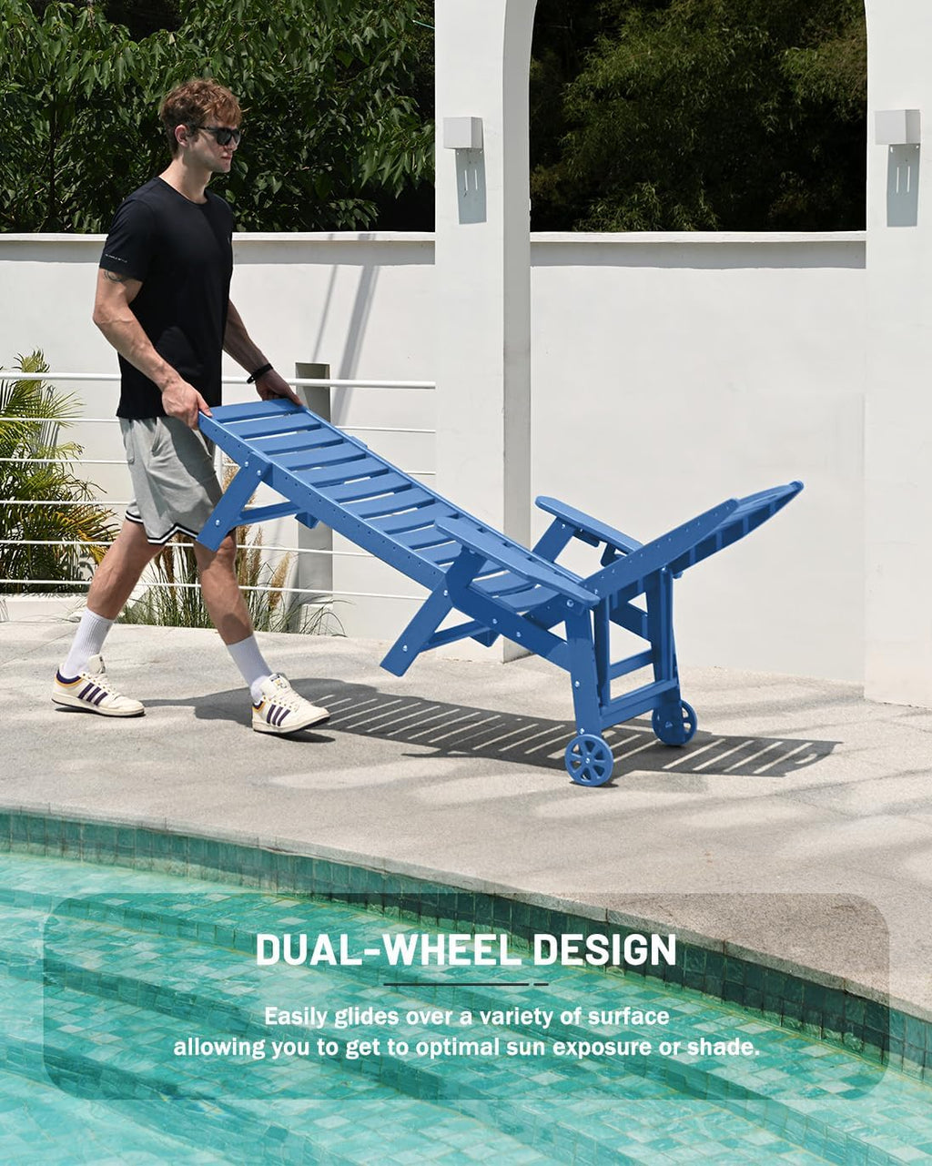 Lounge Chair Outdoor, Chaise Lounge, HDPE 6-Position Outdoor Chaise Lounge, Patio Lounge Chair with Wheels & Cup Holder for Pool Poolside Deck Backyard, Teak