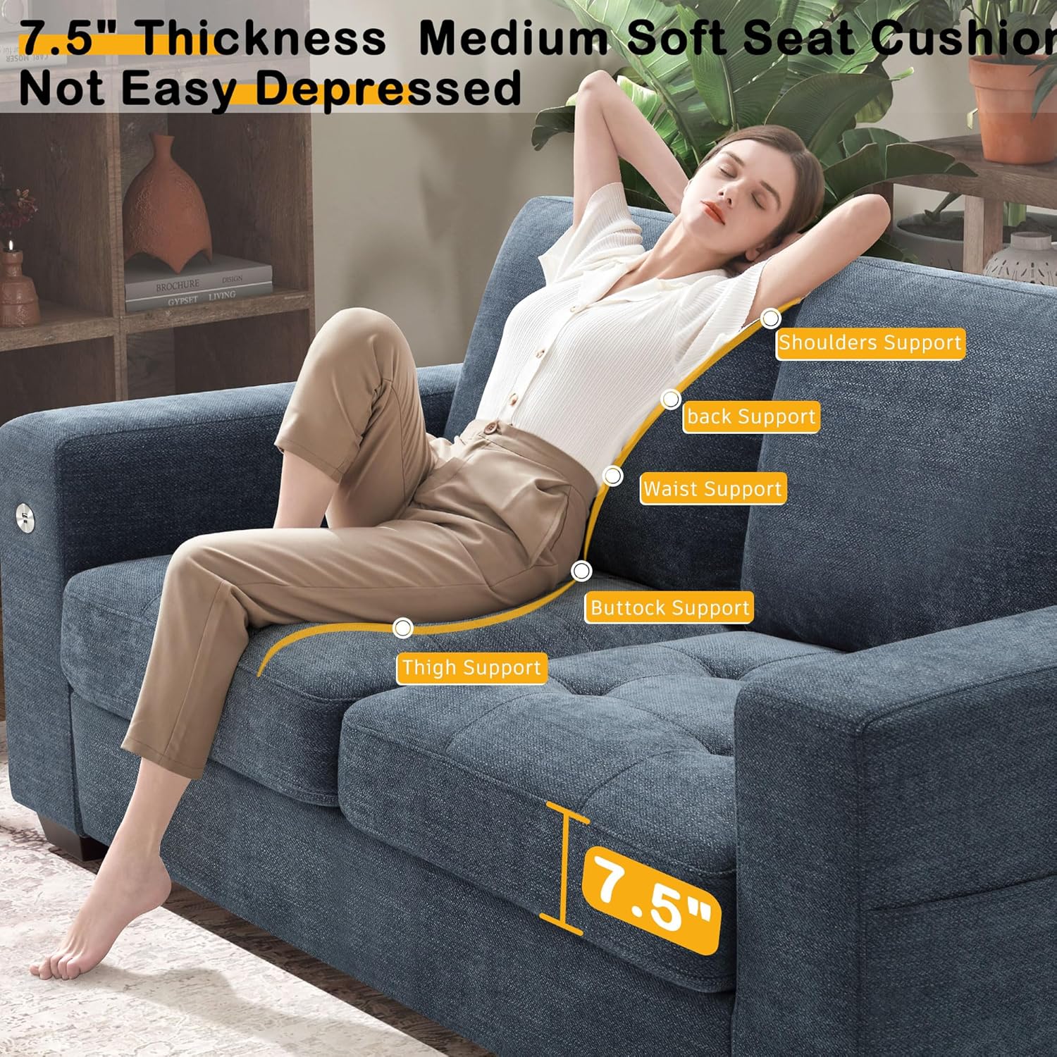 Hanherry 89" Sofa for Living Room, Modern Comfy Sofa with Medium Firm Seat Cushion, Removable Cover,Wide Armrest,USB/Type-C Port,Chenille Fabric Couches for Small Space,Apartment