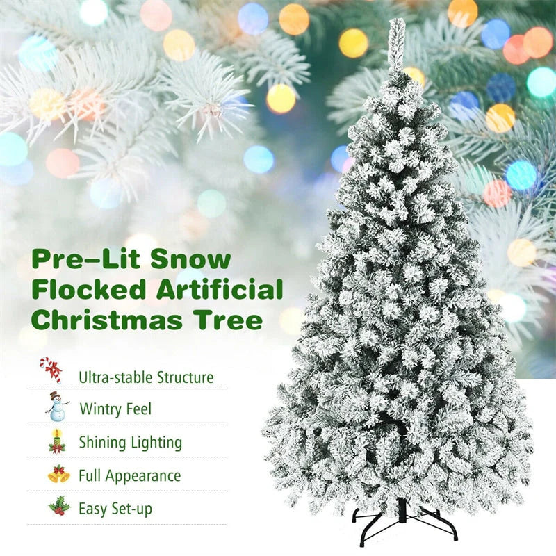 Premium Pre-Lit Snow Flocked Artificial Christmas Tree with Hinged Branch Tips & LED Lights