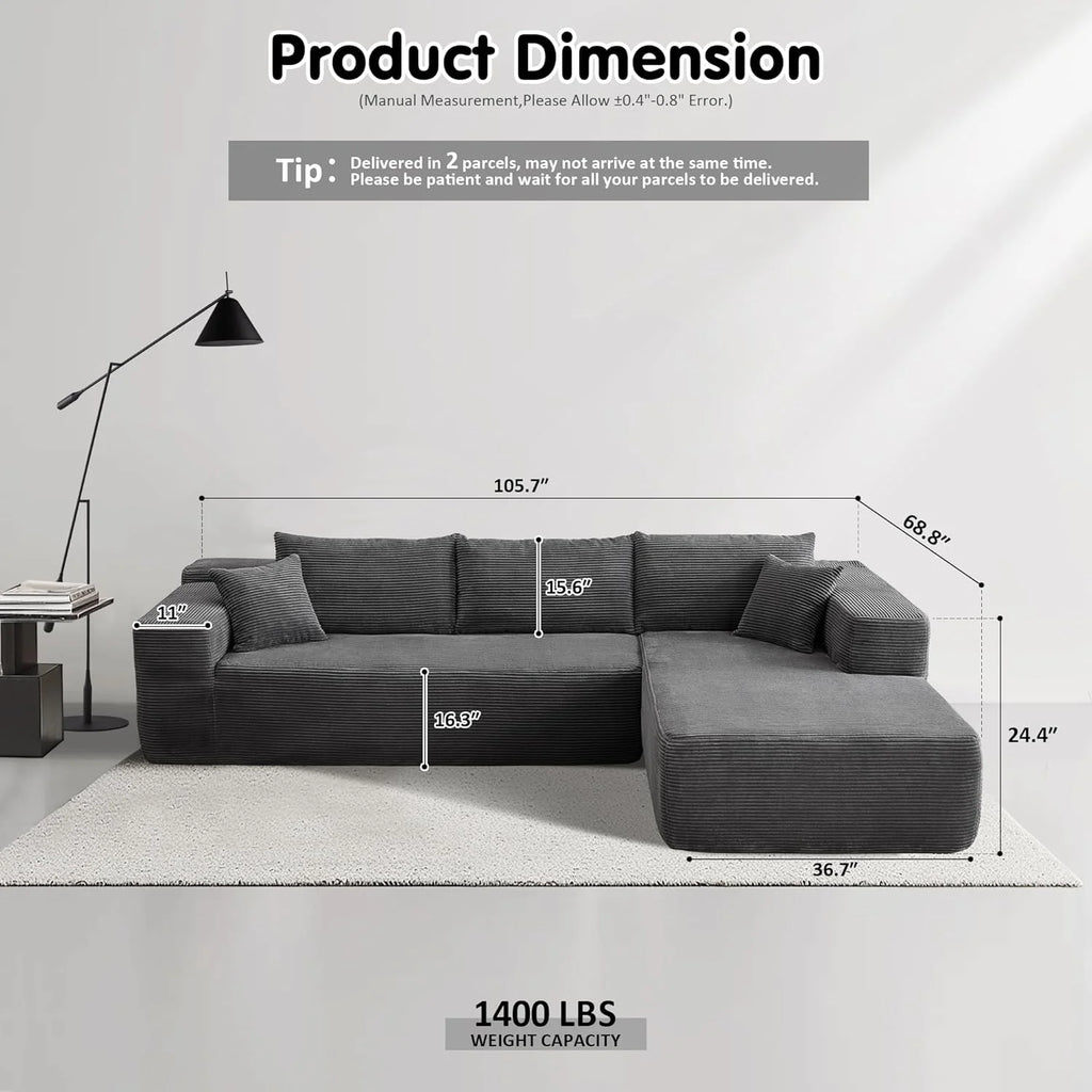 ovios 104" Cloud Sectional Couch with L-Shape Chaise,Modern Modular Sofa with Deep Seat, Upholstered Couches for Living Room Bedroom,No Assembly Required, Black (Corduroy Fabric)