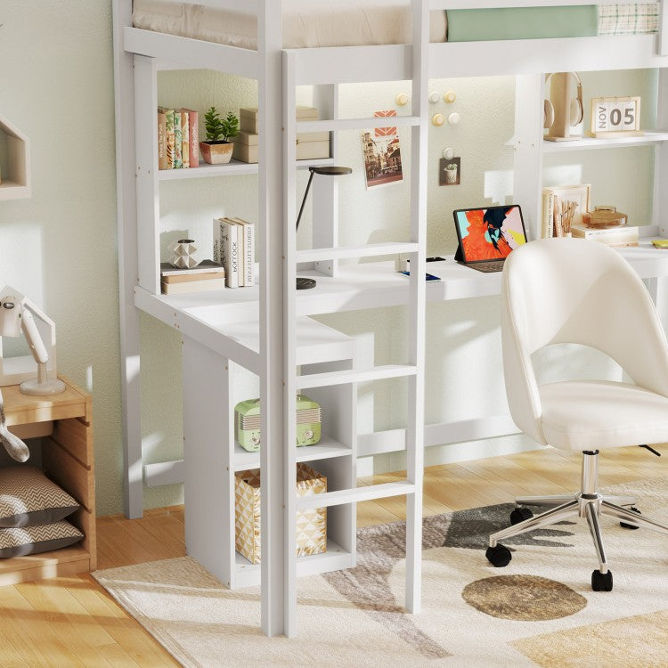 Twin Loft Bed with LED Light and Desk No Box Spring Needed
