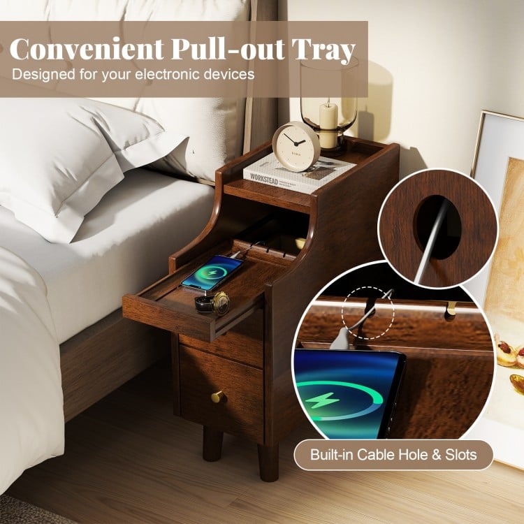 Solid Wood End Table Narrow Bedside Table with Pull-out Tray and 2 Storage Drawers