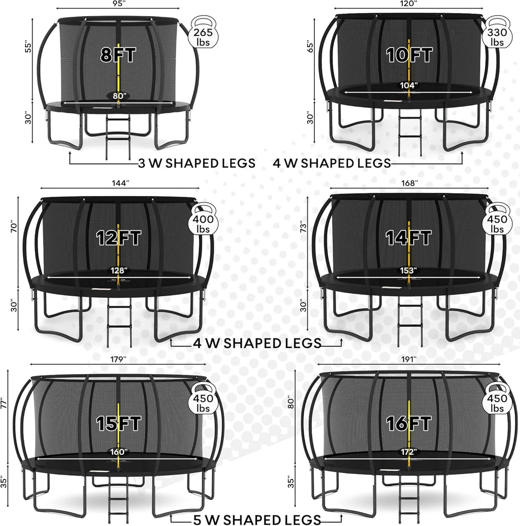 JUMPZYLLA Trampoline 8FT 10FT 12FT 14FT 15FT 16FT Trampoline with Enclosure - Recreational Trampolines with Ladder and AntiRust Coating, ASTM Approval Outdoor Trampoline for Kids