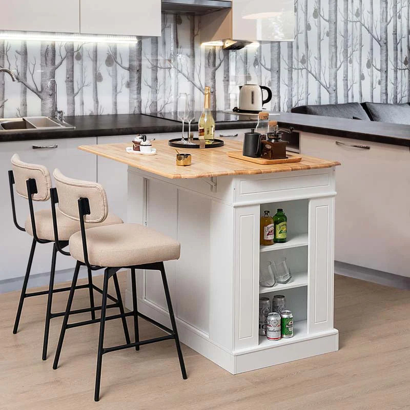 47" x36" x36" Rubber Wood Top Kitchen Island with Drop Leaf, 2 Drawers, Kitchen Storage Cabinets, Spice Racks, Adjustable Shelves