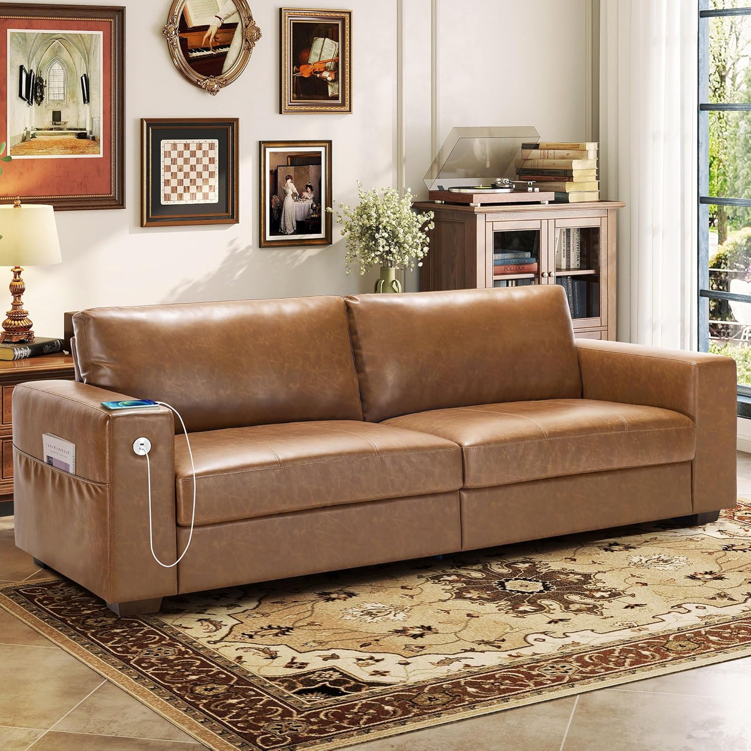 Hanherry 89" Sofa for Living Room, Modern Comfy Sofa with Medium Firm Seat Cushion, Removable Cover,Wide Armrest,USB/Type-C Port,Chenille Fabric Couches for Small Space,Apartment