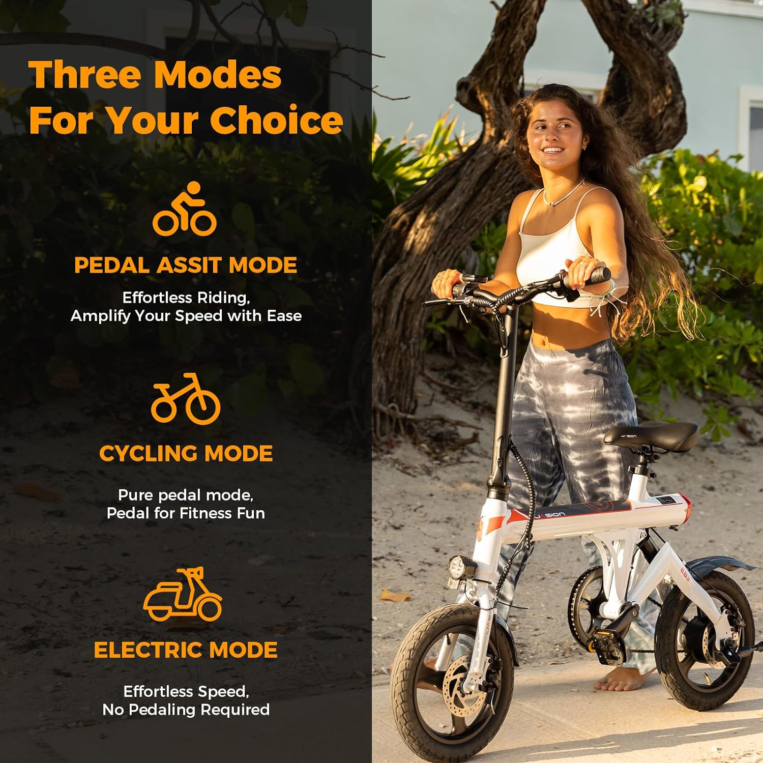 Jasion EB3 Electric Bike Adults 21mph, 500W Peak Motor, 270Wh Battery, Rear Suspension, 3 Levels Assist, 14" Folding Ebike for Adults and Teens, Complies to UL2849