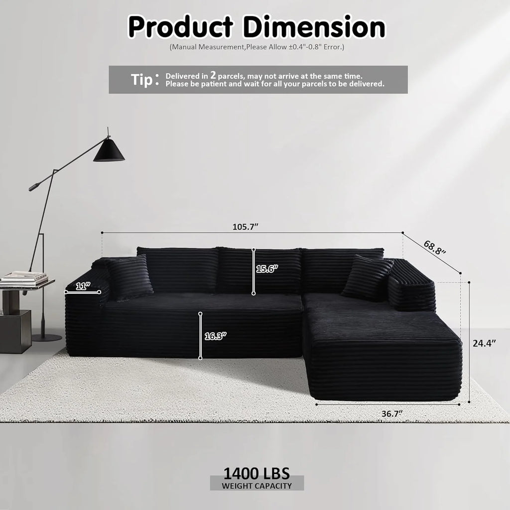 ovios 104" Cloud Sectional Couch with L-Shape Chaise,Modern Modular Sofa with Deep Seat, Upholstered Couches for Living Room Bedroom,No Assembly Required, Black (Corduroy Fabric)