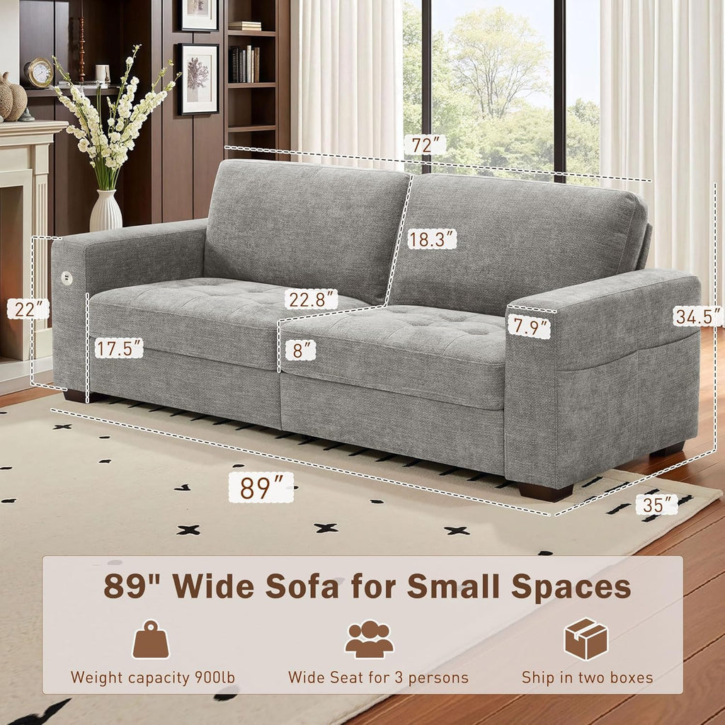 Hanherry 89" Sofa for Living Room, Modern Comfy Sofa with Medium Firm Seat Cushion, Removable Cover,Wide Armrest,USB/Type-C Port,Chenille Fabric Couches for Small Space,Apartment