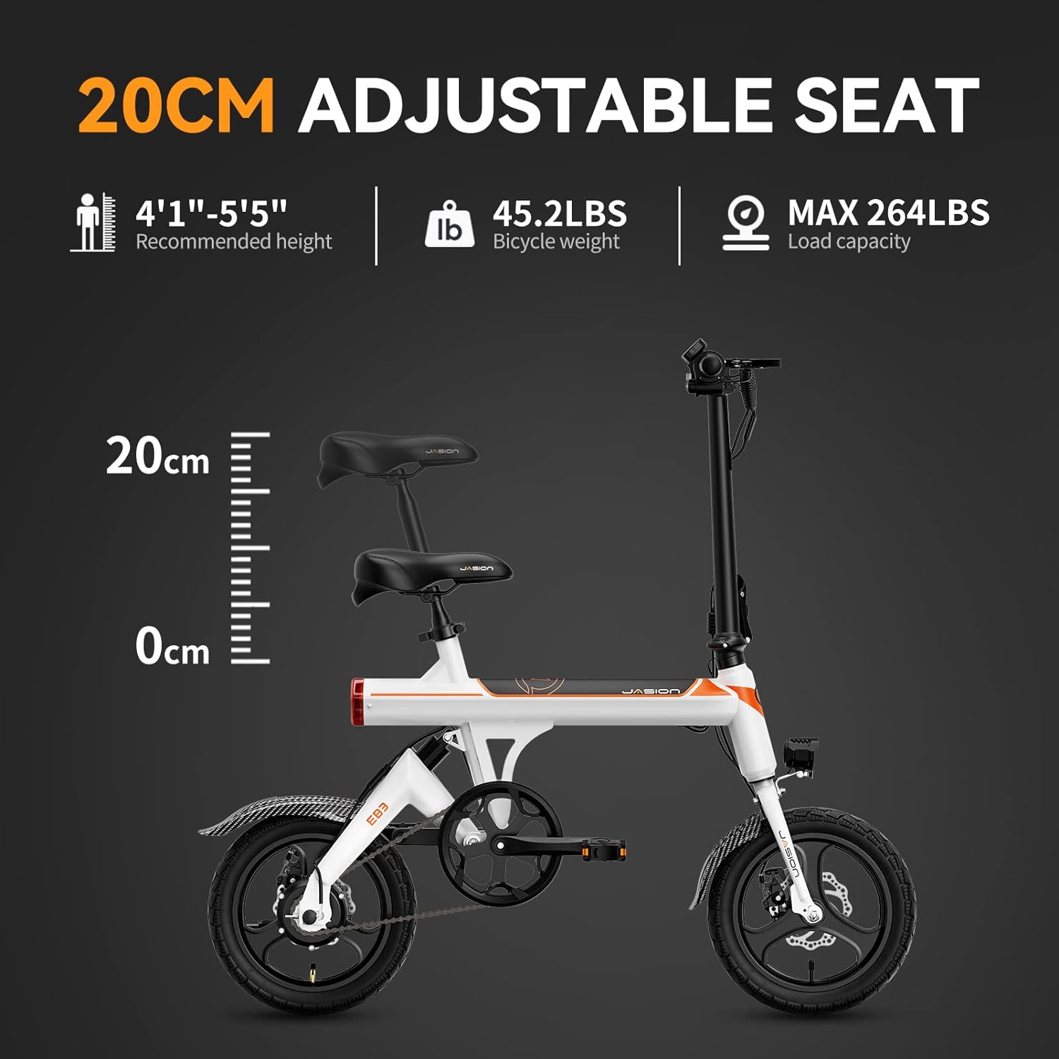 Jasion EB3 Electric Bike Adults 21mph, 500W Peak Motor, 270Wh Battery, Rear Suspension, 3 Levels Assist, 14" Folding Ebike for Adults and Teens, Complies to UL2849