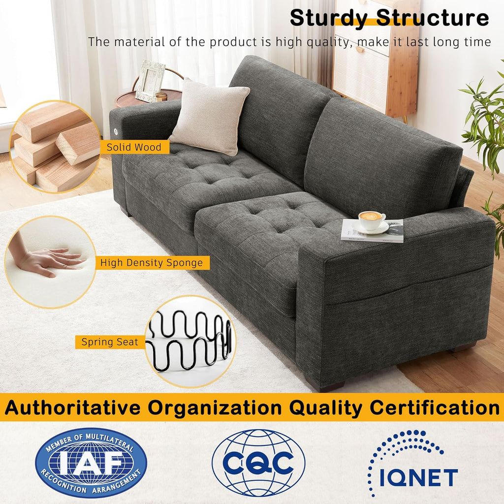 Hanherry 89" Sofa for Living Room, Modern Comfy Sofa with Medium Firm Seat Cushion, Removable Cover,Wide Armrest,USB/Type-C Port,Chenille Fabric Couches for Small Space,Apartment