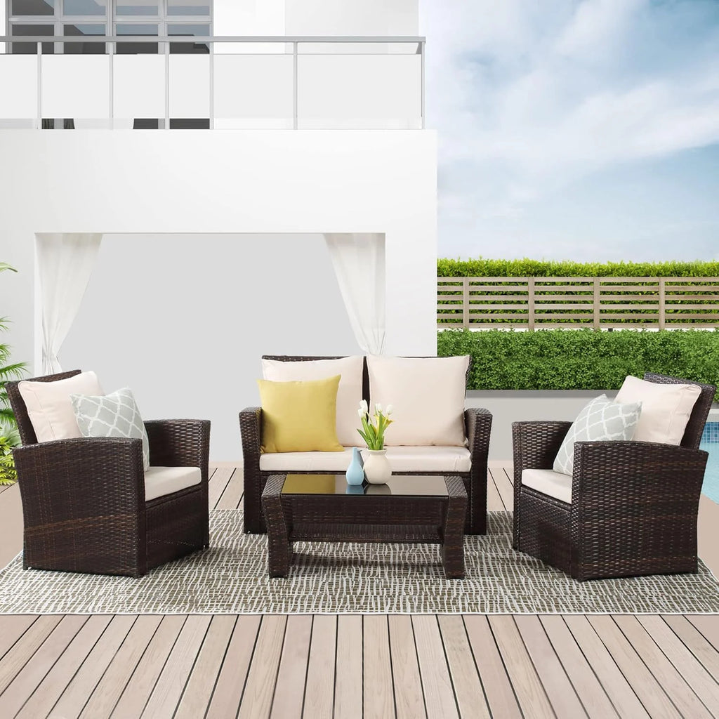 Wisteria Lane 4 Piece Outdoor Patio Furniture Sets, Wicker Conversation Set for Porch Deck, Grey Rattan Sofa Chair with Cushion ��Blue