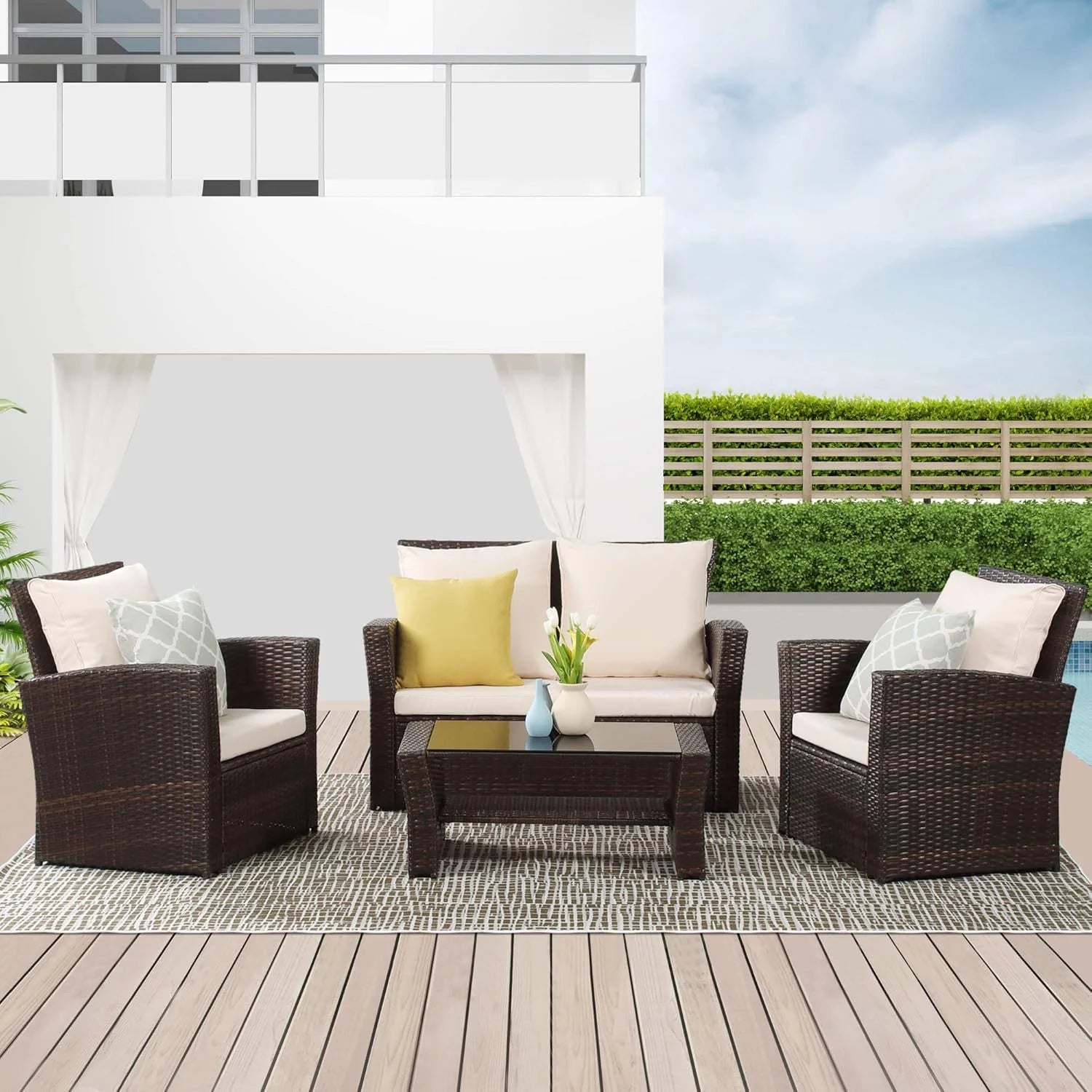 Wisteria Lane 4 Piece Outdoor Patio Furniture Sets, Wicker Conversation Set for Porch Deck, Grey Rattan Sofa Chair with Cushion ��Blue