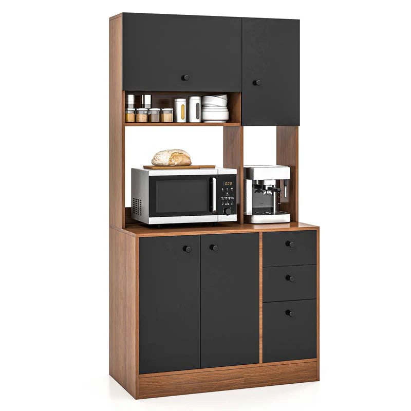 71" Kitchen Buffet Hutch Storage Cabinet Microwave Cupboard, Freestanding Pantry with 3 Cabinets & Drawers, Adjustable Shelves