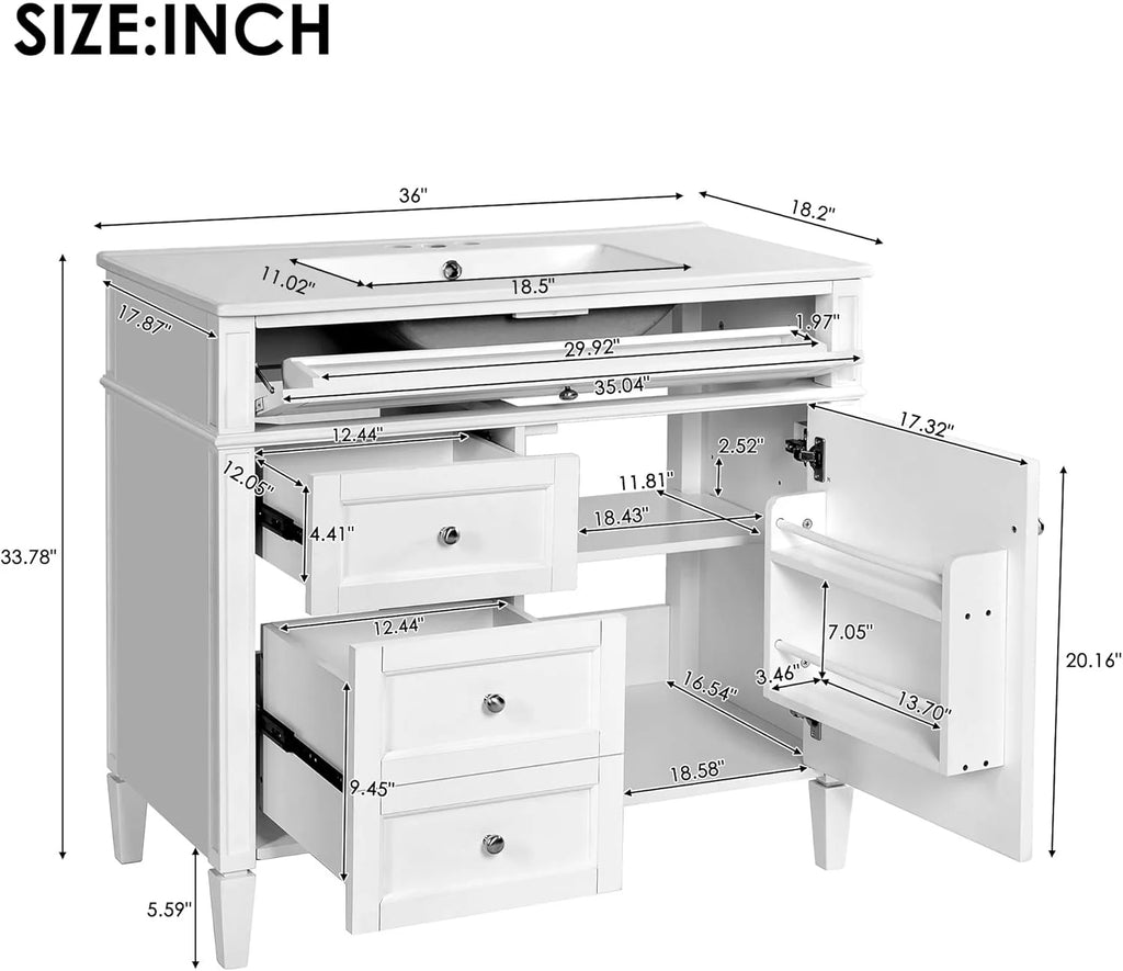 36" Bathroom Vanity with Single Sink Combo, Modern Undermount Bathroom Sink Cabinet with 2 Drawers and a Tip-Out Drawer, Freestanding Bathroom Vanities, Soft Closing, Solid Wood Frame