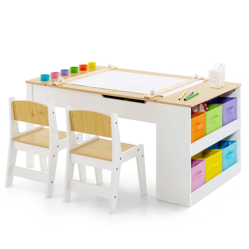 2-in-1 Kids Art Table Chair Set for Drawing Writing, Toddler Craft Play Wood Activity Desk w/2 Chairs Paper Roll Storage Canvas Bins