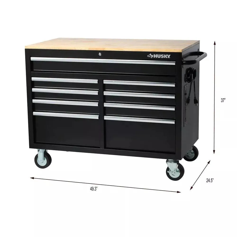 Gloss Black 46′′ 9-Drawer Mobile Tool Chest Workbench with Wood Top & Power Strip