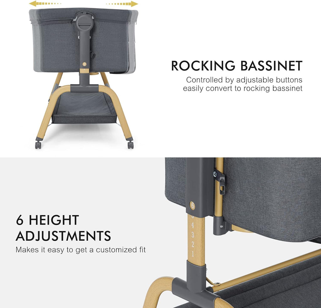 Baby Bassinet, Rocking Bassinets Bedside Sleeper with Comfy Mattress and Wheels, 6 Height Adjustable Easy Folding Portable Bedside Crib for Newborn Infant