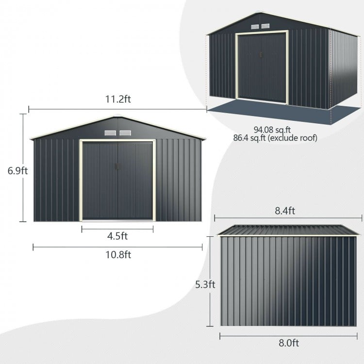 11 x 8 Feet Metal Storage Shed for Garden and Tools with 2 Lockable Sliding Doors