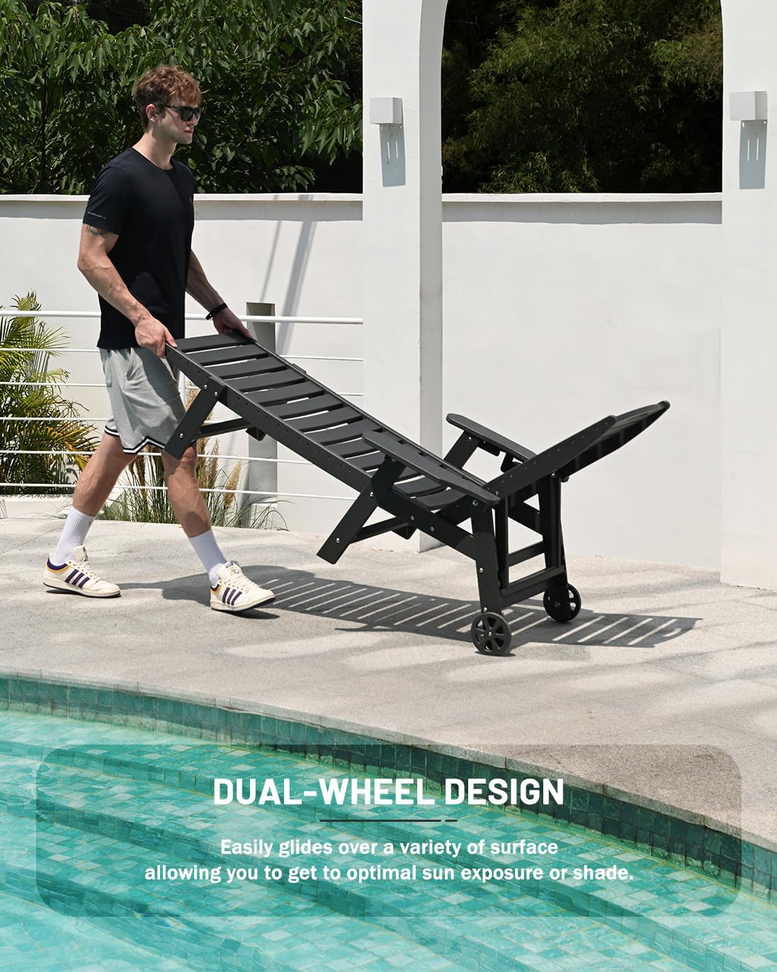 Lounge Chair Outdoor, Chaise Lounge, HDPE 6-Position Outdoor Chaise Lounge, Patio Lounge Chair with Wheels & Cup Holder for Pool Poolside Deck Backyard, Teak
