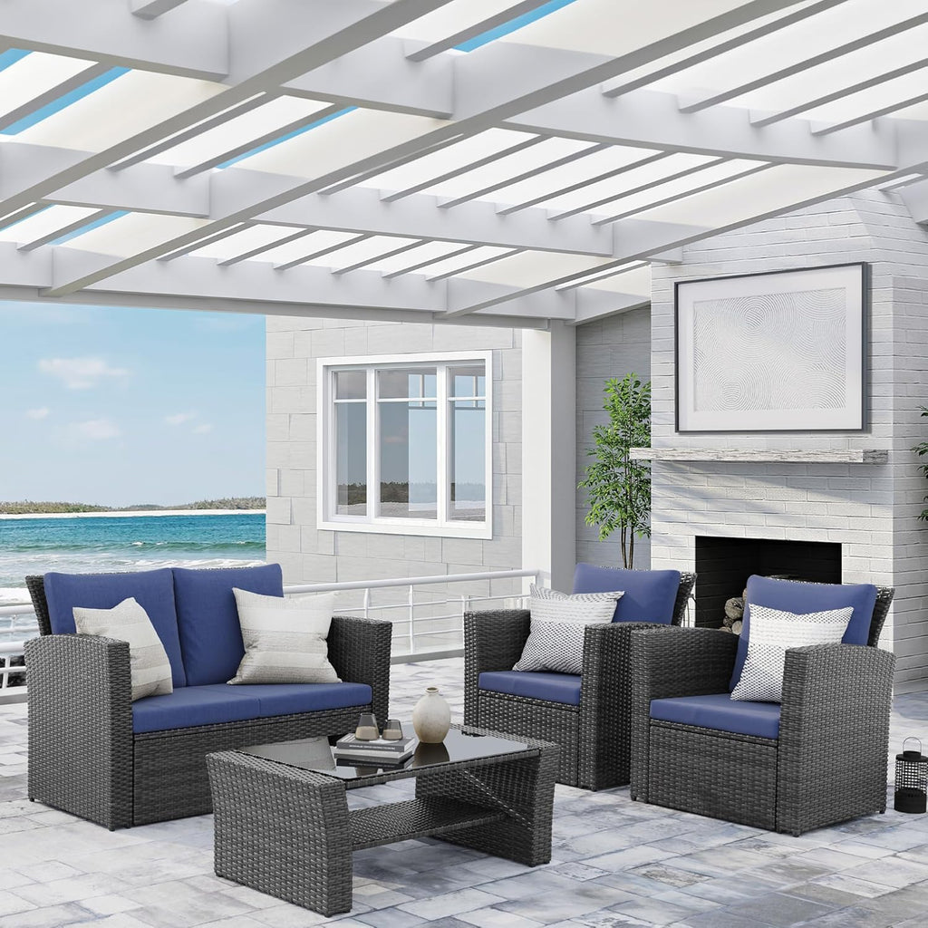 Wisteria Lane 4 Piece Outdoor Patio Furniture Sets, Wicker Conversation Set for Porch Deck, Grey Rattan Sofa Chair with Cushion ��Blue