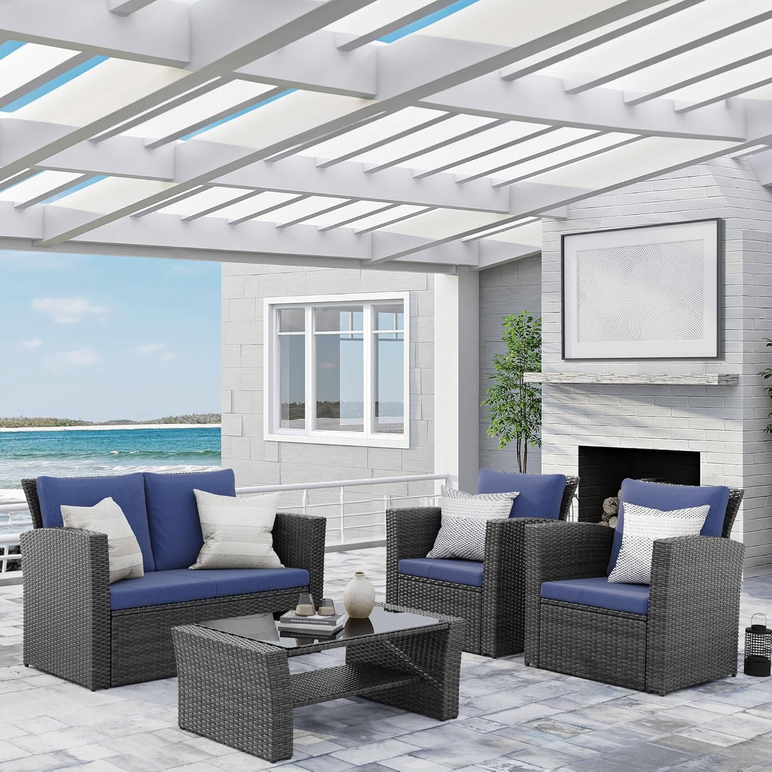 Wisteria Lane 4 Piece Outdoor Patio Furniture Sets, Wicker Conversation Set for Porch Deck, Grey Rattan Sofa Chair with Cushion ��Blue