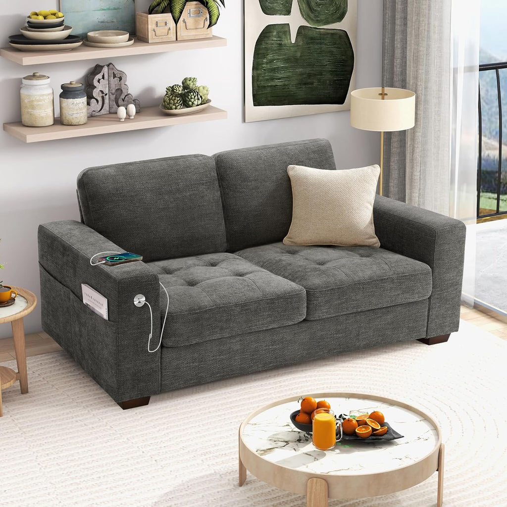 Hanherry 89" Sofa for Living Room, Modern Comfy Sofa with Medium Firm Seat Cushion, Removable Cover,Wide Armrest,USB/Type-C Port,Chenille Fabric Couches for Small Space,Apartment