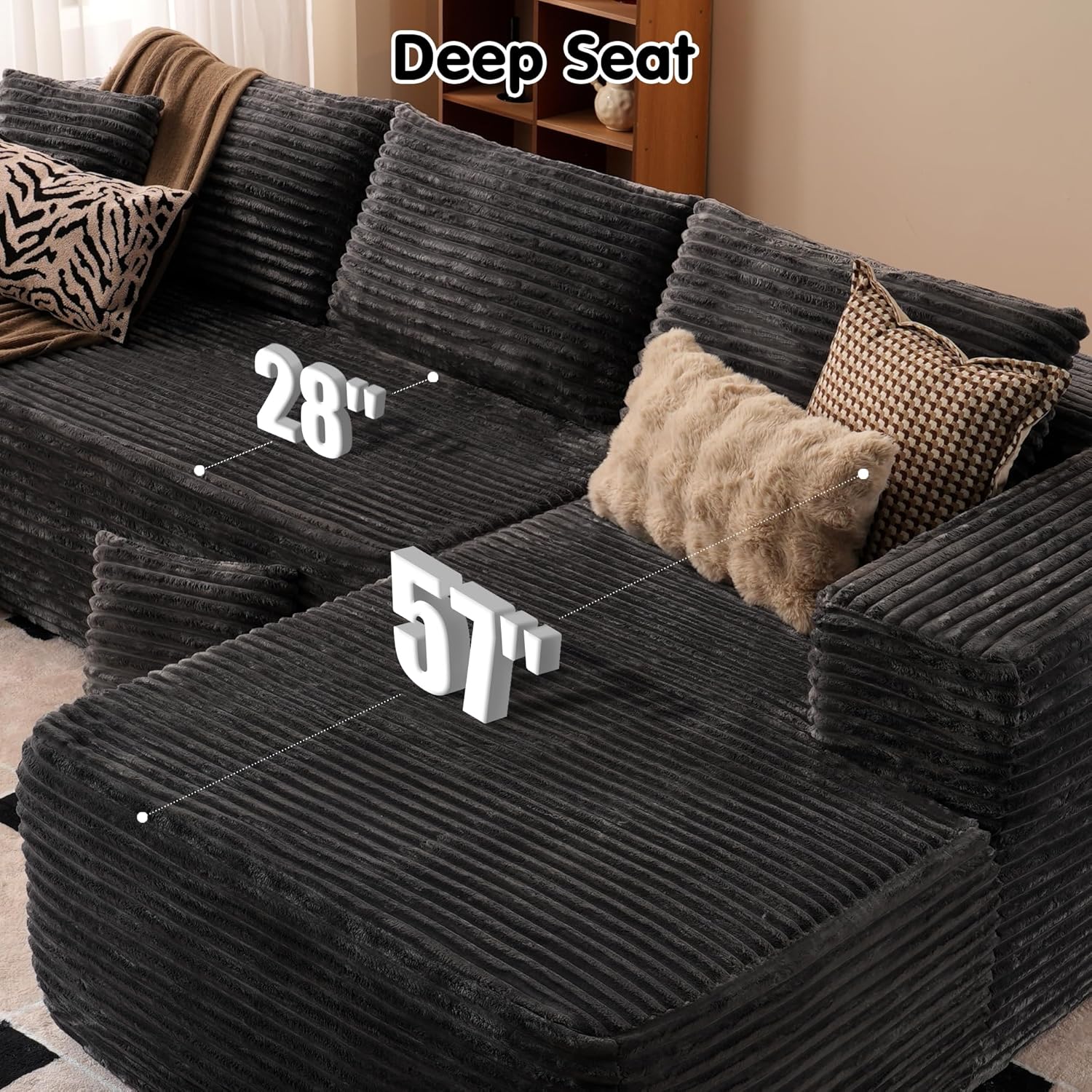 ovios 104" Cloud Sectional Couch with L-Shape Chaise,Modern Modular Sofa with Deep Seat, Upholstered Couches for Living Room Bedroom,No Assembly Required, Black (Corduroy Fabric)