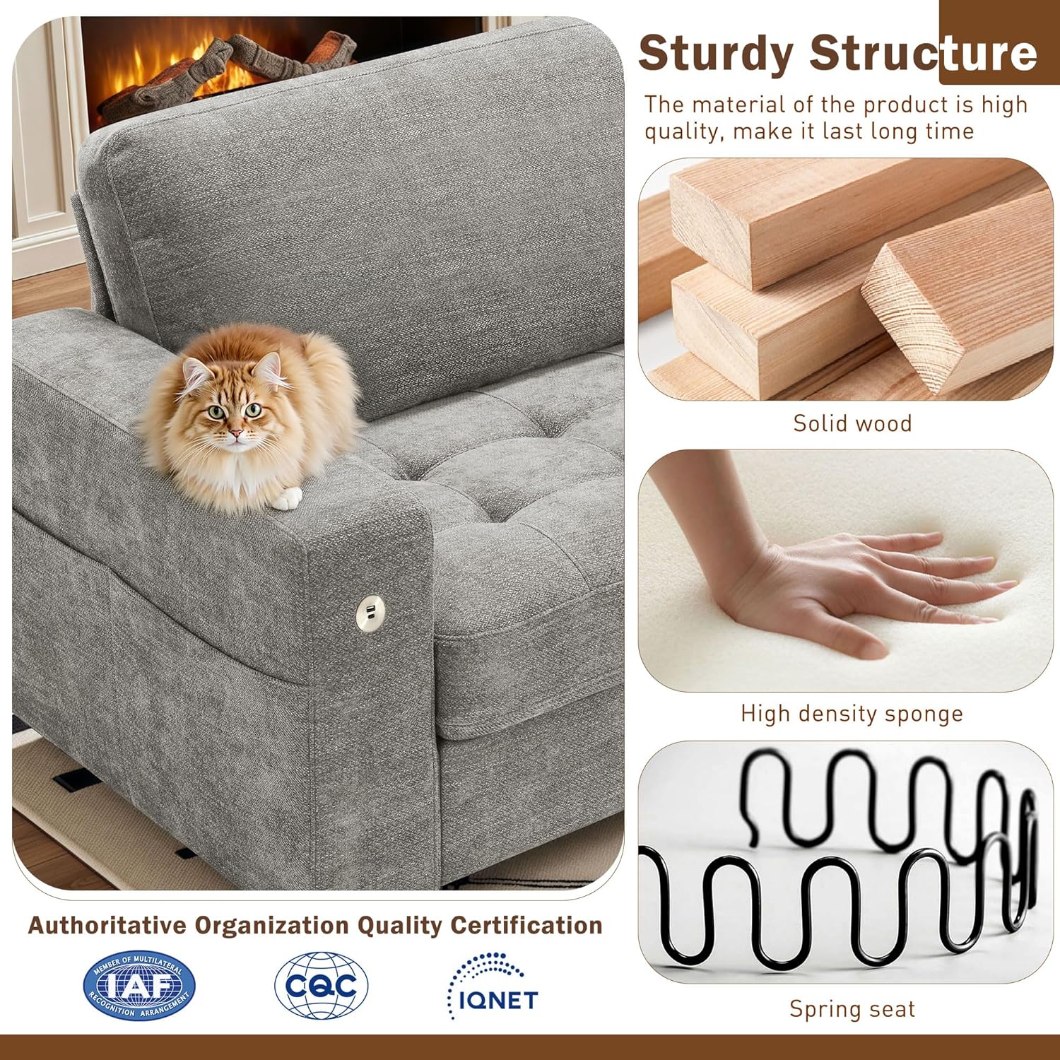 Hanherry 89" Sofa for Living Room, Modern Comfy Sofa with Medium Firm Seat Cushion, Removable Cover,Wide Armrest,USB/Type-C Port,Chenille Fabric Couches for Small Space,Apartment