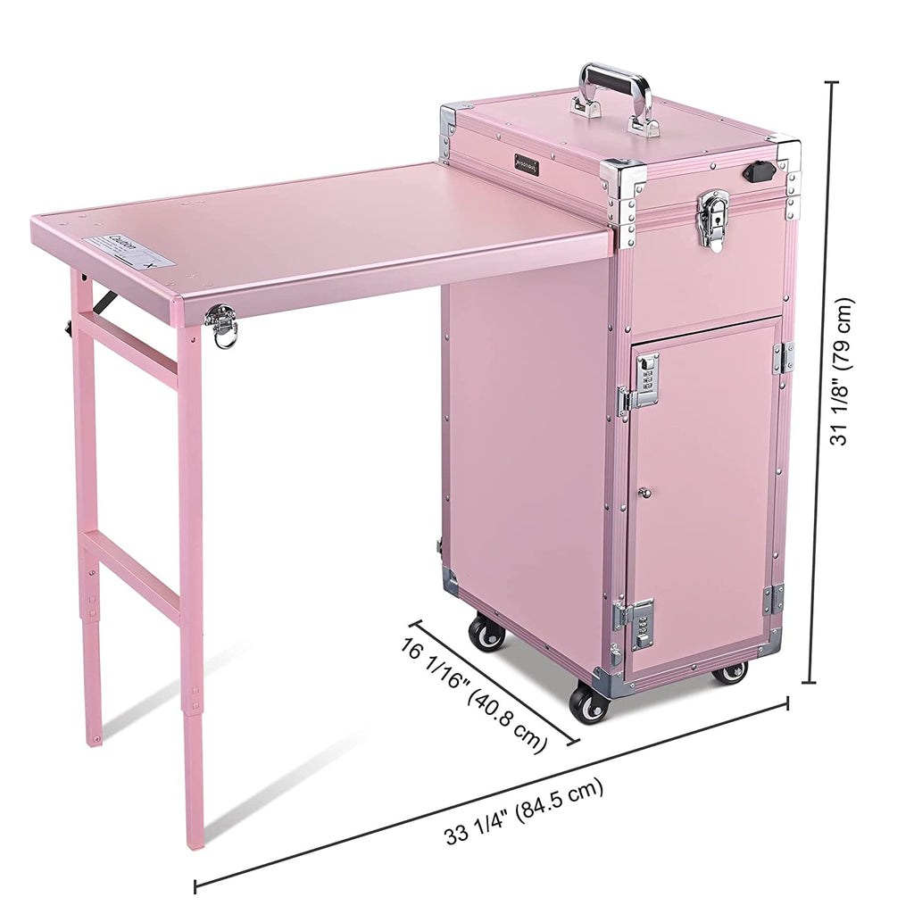 Byootique Portable Nail Desk & Makeup Station with Mirror, 4 Drawers, Bluetooth, USB, Pink
